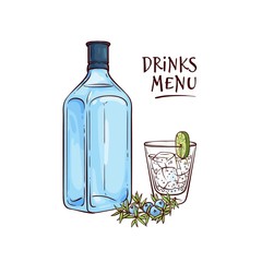 Vector illustration of gin and tonic cocktail in glass with ice and slice of lime and blue bottle with alcohol beverage and juniper berries in sketch style isolated on white background. - obrazy, fototapety, plakaty