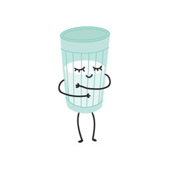 Vector illustration of glass of milk or yogurt cartoon character embracing himself with love - healthy organic food isolated on white background. Flat cute emoticon of farm dairy drink.