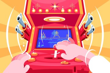 Gamer playing sea battle arcade video game.