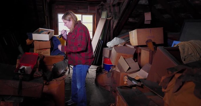 A hypothetical scene of two antique hunters picking through boxes in the attic of an old abandoned home.  	