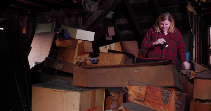 A hypothetical scene of two antique hunters picking through boxes in the attic of an old abandoned home.  	