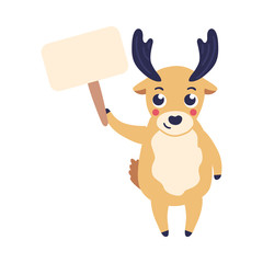 Vector illustration of cartoon reindeer holding blank nameplate in one hand up isolated on white background - cute horned animal with plate can be used for copy space in flat style.