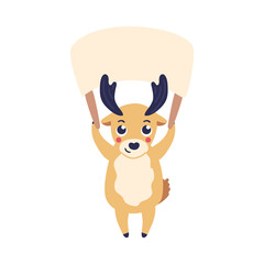 Vector illustration of cartoon reindeer holding blank nameplate with two hands over his head isolated on white background - cute horned animal with empty plate in flat style.