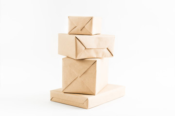 Stack of craft wrapped boxes for delivery
