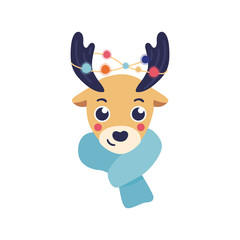 Vector illustration of reindeer head with warm knitted scarf and christmas lights on antlers isolated on white background - cute horned animal in flat style for winter holiday design.