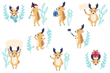 vector cute christmas reindeer set. Funny winter characters holding blank paper rholding present box, making selfie having fun dancing, playing flute. Merry christmas, xmas holiday design illustration