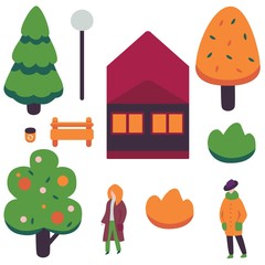 Vector autumn city design objects set. Female characters in outdoor clothing - coats, orange foliage tree, spruce, fir tree and abstract fruit tree, private house, bench with streetlight and bush.