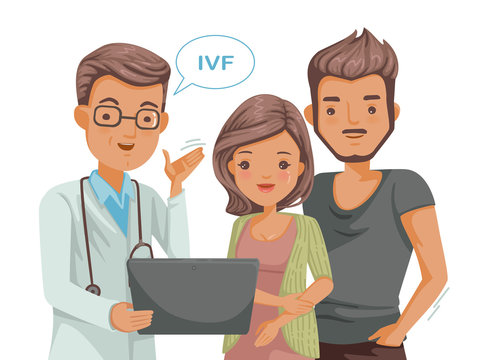 Couple meeting medical specialist at hospital. In vitro fertilization research (IVF) concept. Husband and wife consult a professional family planning. Vector cartoon illustration.