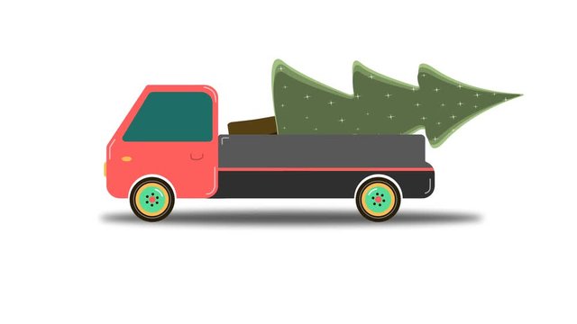 red truck carries Christmas tree