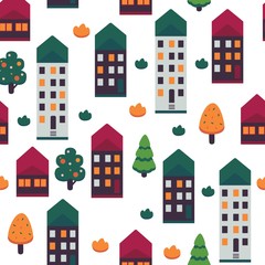 Vector illustration of autumn city seamless pattern on white background - multi storey apartment buildings with light in windows and colorful roofs on street with color trees and bushes.