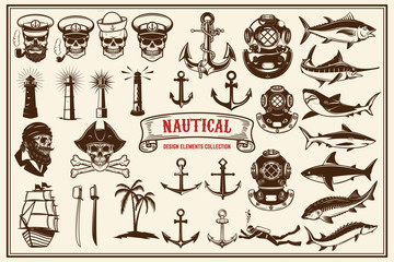 Big set of design elements for nautical emblems, seafood restaurant.