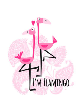 Couple of pink flamingos on floral background, sketch for your design