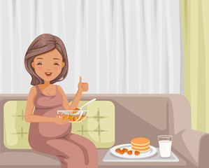 Obraz na płótnie Canvas pregnant woman eating. pancakes, strawberries, milk and breakfast on sofa at home.enjoy delicious meals. thumb up and smiling.the concept health care for pregnant.Vector cartoon illustrations isolated