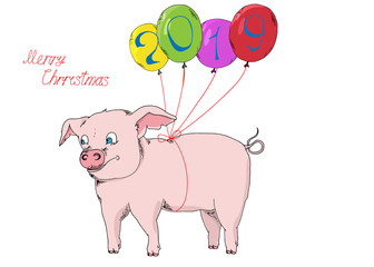 Pink Pig and air balloons. Hand drawn style print.  Have a style, nice Merry Christmas - lettering quote. Postcard, card, poster design, website design, logo, banner. Vector