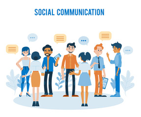 Vector social communication concept with young men, women colleagues, friends or students talking to each other gesticulating with empty speech bubble above head holding clipboards, smartphones