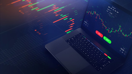 Futuristic stock exchange scene with laptop, chart, numbers and BUY and SELL options (3D illustration)