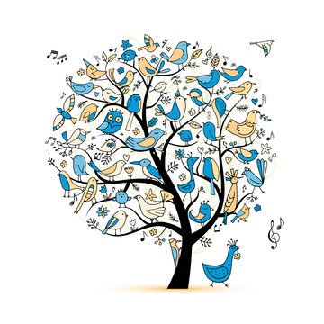 Tree with birds, sketch for your design
