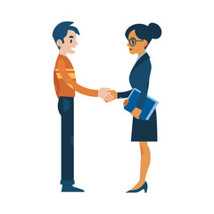 Vector business man and woman with folder shaking hands. Sign of successful job interview, deal, meeting or cooperation. Male, female characters greeting each other. Isolated illustration