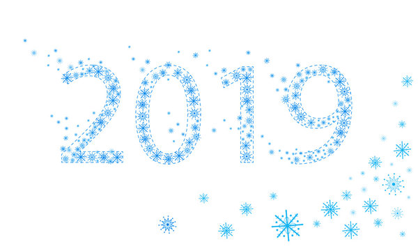 2019 Happy New Year card. Heavy snowfall, snowflakes in different shapes.