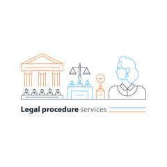 Legal court house trial services icons, lawyer man, advocacy attorney expert