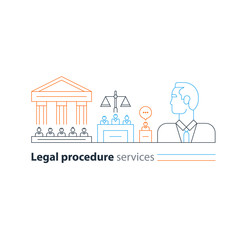 Legal court house trial services icons, lawyer man, advocacy attorney expert
