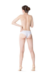 Naklejka premium Slim woman topless in white panties isolated on white background, perfect female body