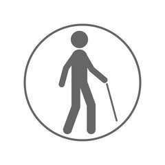 Aged man with walking stick. Blind pedestrian sign. Vector icon.