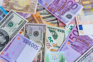 cash, dollars and euros