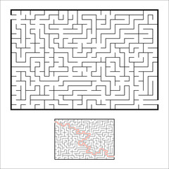 Abstract rectangular maze. Game for kids. Puzzle for children. One entrances, one exit. Labyrinth conundrum. Simple flat vector illustration isolated on white background. With answer.