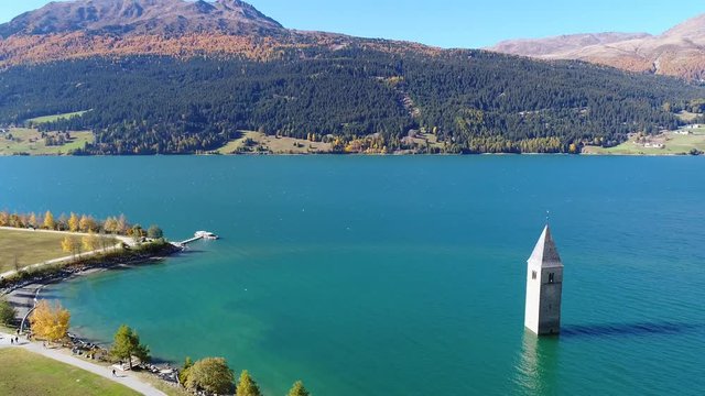 Church tower of Resia, Val Venosta.
Famous destination in South Tyrol, Trentino