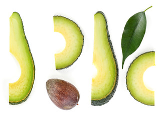 Avocado slices with leaf on white background. Food concept.