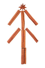Christmas Tree made of cinnamon sticks and anise star. Holiday Concept.