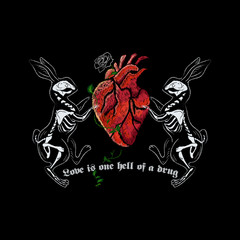 Slogan with rose, heart and rabbit skeleton. Vector typography for t shirt, embroidery and printed tee design. - 230171775