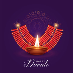 illustration of burning diya and cracker for diwali festival