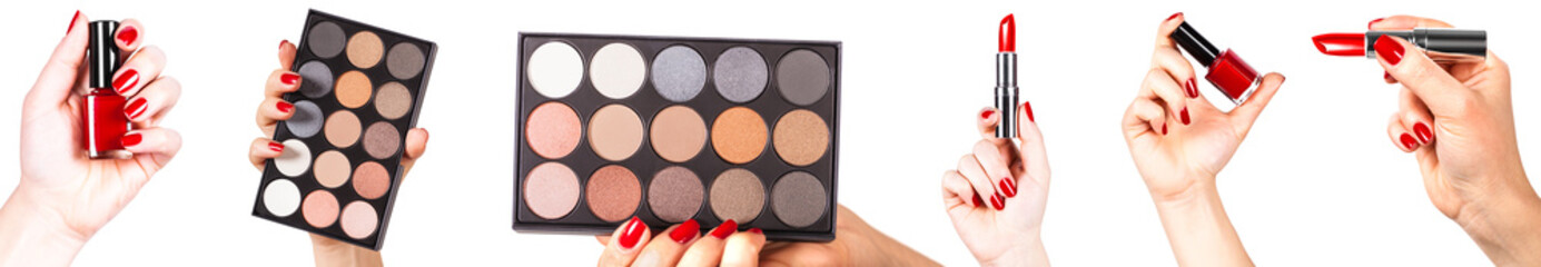 cosmetics in female hand, photo set