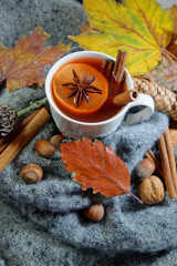 A hot drink with spices wrapped in a woolen shawl. Selective focus.Still life, food and drink, seasonal and holidays

