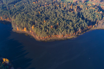 View from height on the autumn coast of the lake Dolysets (shooting from the quadcopter). Pskov region, Russia