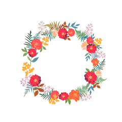 Wreath with flowers and leaves in circle. Colorful floral orname