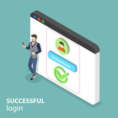 Isometric flat vector concept of successful login, mobile sign up.