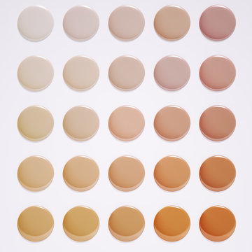 Makeup foundation different shades round swatches, cosmetic banner, 3d rendering,