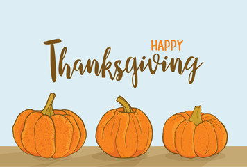 Happy Thanksgiving illustration. Letters on blue background with hand drawn textured pumpkins.