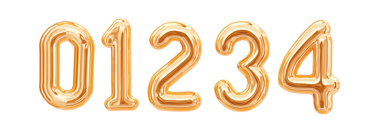 Gold foil numbers, 1, 2, 3, 4, 0 isolated on white background. 3d rendering