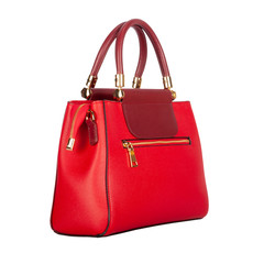 Red leather women bag with burgundy flap top. Side view