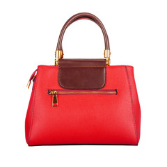 Red leather women bag with burgundy flap top. Front view