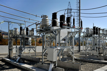 Part of high-voltage substation with switches and disconnectors.High voltage converter at a power...