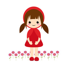 Simple vector of little red riding hood with brown hair with two pigtails and some flowers on her feet.