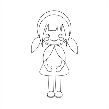 Simple vector of Little Red Riding Hood standing with a dress and with two pigtails to black line to be able to paint when you print it.
