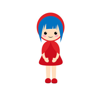 Simple vector of Little Red Riding Hood with blue short hair and a red dress and shoes.