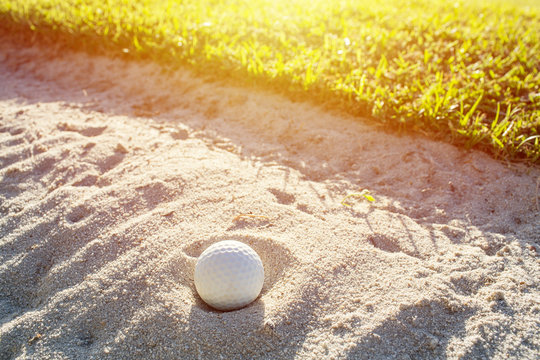 Selective focus of white golf ball on the green field and sand bunker with sunlight.