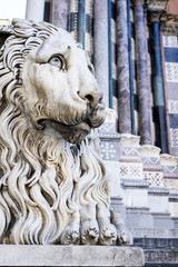 Saint Lawrence Cathedral's facade, Genoa, Italy: close up of a lion 